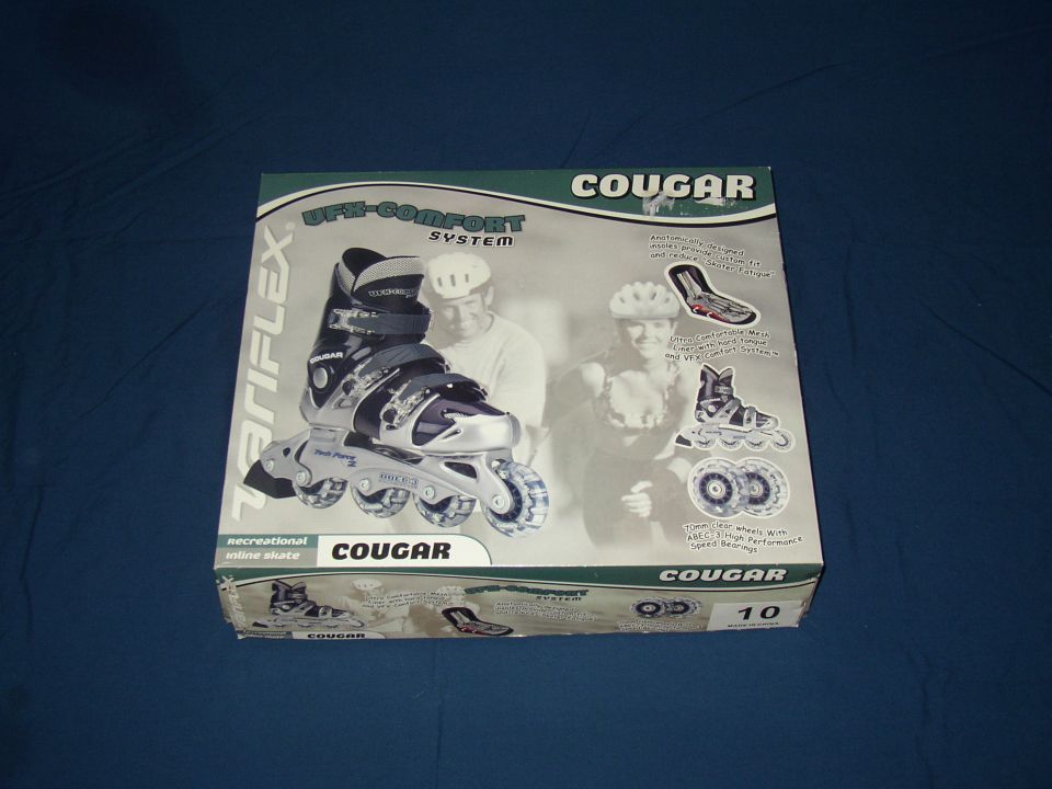 Box for Cougar inline skates with a picture of skates and people wearing helmets