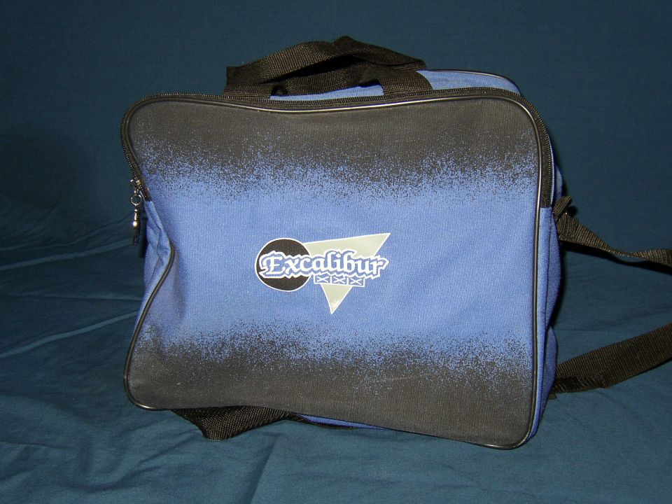Blue and black duffel bag with Excalibur logo and strap
