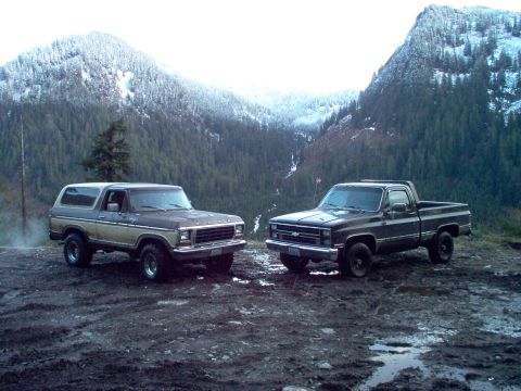 1979 Ford Bronco - In between the trucks is a water fall caused by recent heavy rains coupled with rising snow levels resulting in wide spread flooding and th…
