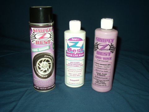 1987 Volkswagen Golf - A collection of Simply Z automotive cleaning supplies is displayed against a dark blue background.