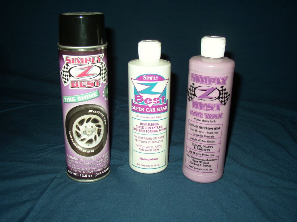 Three bottles of Simply Z car cleaning products: Tire Shine, Super Car Wash, and Car Wax