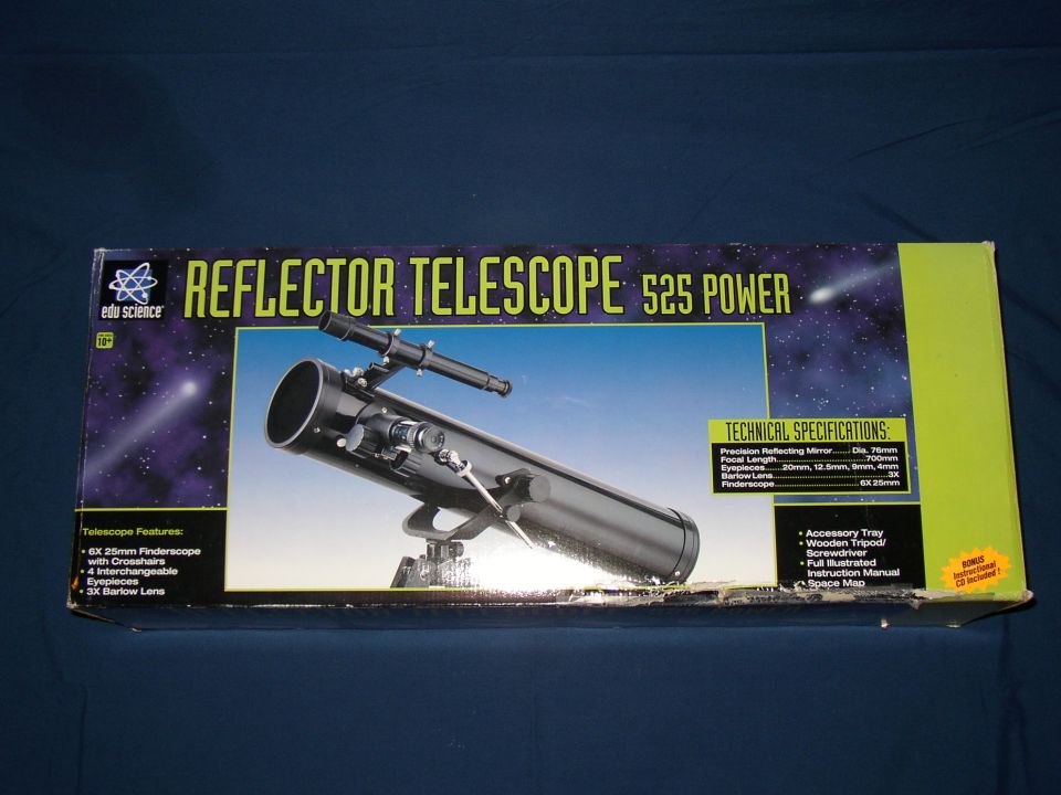 Box for an Edu Science Reflector Telescope with 525 power, showing the telescope and technical specs