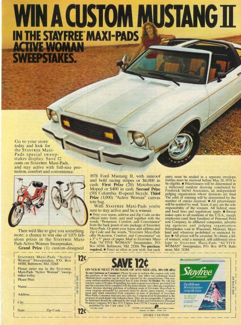 1978 Ford Mustang II - A white 1978 Ford Mustang II is advertised for a sweepstakes, with a woman leaning against it.