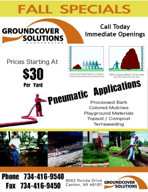 1999 Jeep Grand Cherokee - This advertisement promotes Groundcover Solutions' pneumatic application services for mulch, topsoil, and other materials.