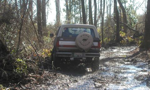 1988 Ford Bronco - Ford Bronco navigating a muddy path through a wooded area.