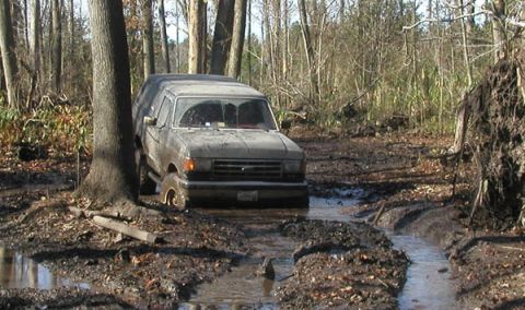 1988 Ford Bronco - A gray Ford Bronco navigates a muddy trail in a wooded area.