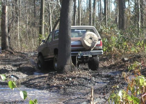 1988 Ford Bronco - A muddy Ford Bronco navigates a treacherous path through a dense forest.