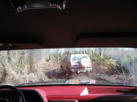 1988 Ford Bronco - A tan Ford Bronco navigates a muddy, wooded path.