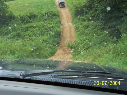1979 Ford F-150 - A black pickup truck navigates a steep dirt road surrounded by lush green foliage.