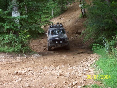 1979 Ford F-150 - A vehicle navigates a challenging off-road trail surrounded by dense foliage.