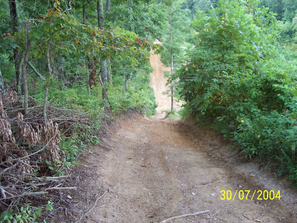 Dirt road descending through a wooded area, with a date stamp of 30/07/2004