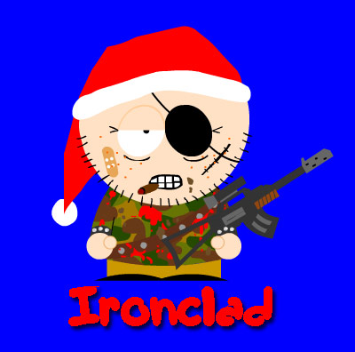 1988 Ford Bronco - A digitally illustrated character, possibly from a video game or animation, is depicted wearing a Santa hat and holding a firearm.