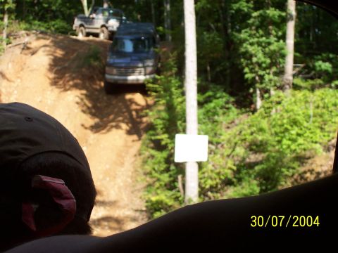 1979 Ford F-150 - Two trucks navigate a challenging off-road trail surrounded by dense forest.