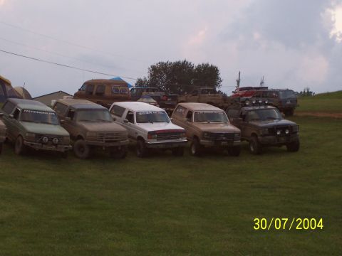 1979 Ford F-150 - A group of Ford trucks and vans are parked on a grassy field under a cloudy sky.