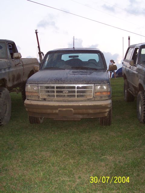 1979 Ford F-150 - A muddy black Ford truck is parked on grass with other vehicles nearby under a cloudy sky.