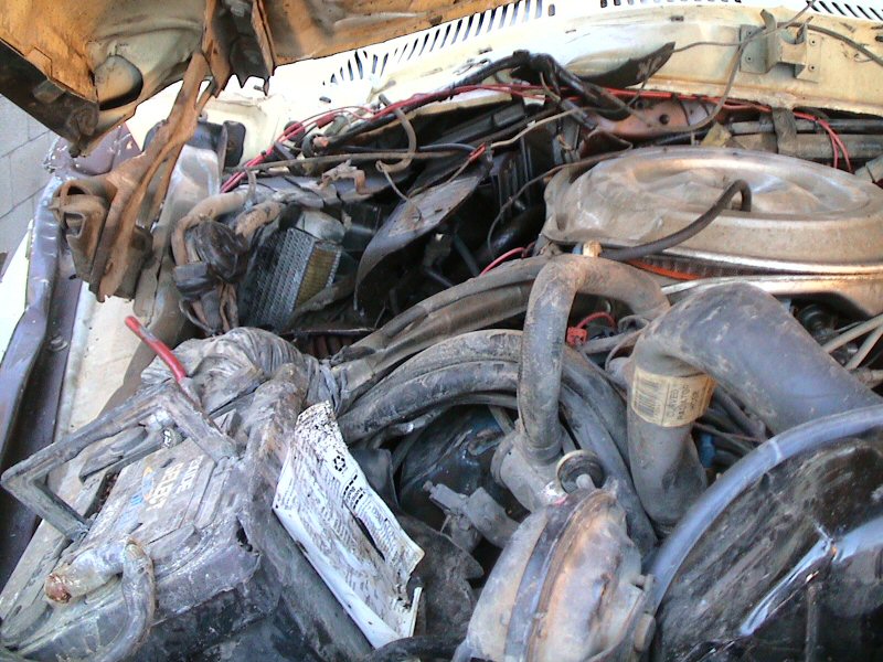 Dusty V8 engine bay with chrome air cleaner, corroded battery and rusty inner fender