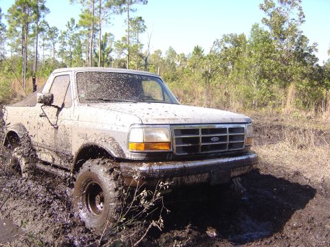 1993 Ford Bronco - This truck is deep in the mud, with trees and brush in the background.