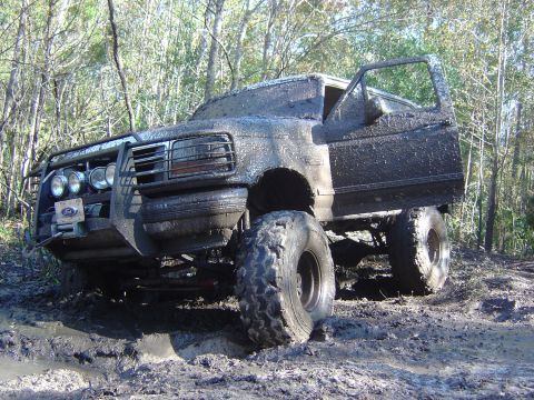 1993 Ford Bronco - This heavily muddied truck is stuck in a swampy, wooded area with its driver's side door open.