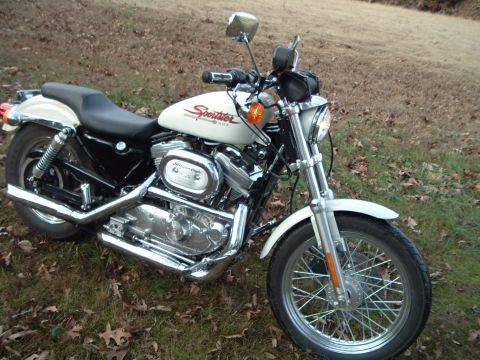 1995 Mercury Grand Marquis - This Harley-Davidson Sportster motorcycle is parked outdoors on a grassy area.