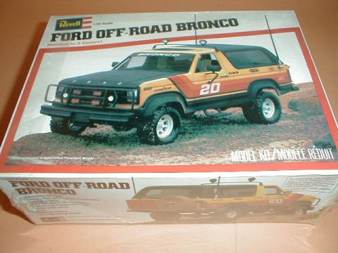 1979 Ford Bronco - Box art for a 1979 Ford Bronco model kit, showing a painted and assembled prototype.