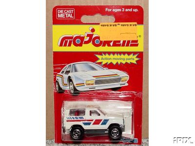 1979 Ford Bronco - This Majorette die-cast toy features a white SUV with red and blue racing stripes, packaged for retail sale.