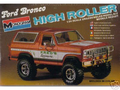 1979 Ford Bronco - Box art for the Monogram "High Roller" 1/24 scale unassembled Ford Bronco model kit, showing a lifted red-and-orange striped Bronco in thre…