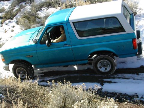 1994 Ford Bronco - A blue 1994 Ford Bronco navigates a snowy, off-road path.