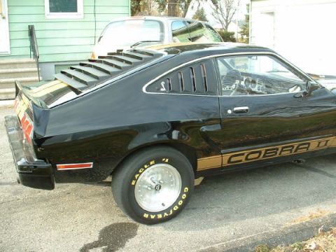 1978 Ford Mustang II - Side view of a black 1978 Ford Mustang II Cobra II, showing its distinctive gold stripe and rear window louvers.