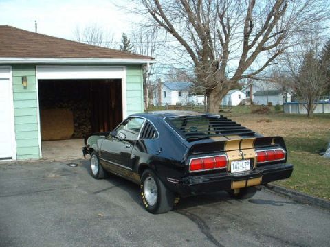 1978 Ford Mustang II - Rear view of a black 1978 Ford Mustang II with gold racing stripes and louvers on the rear window.