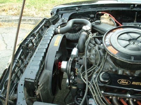 1978 Ford Mustang II - Close-up view of a Ford engine bay, showing the valve covers and cooling fan.