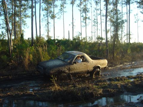 1993 Ford Bronco - A driver navigates a muddy path in a heavily soiled pickup truck.