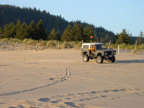 1980 Ford Bronco - A classic Ford Bronco navigates a sandy terrain under a clear sky.