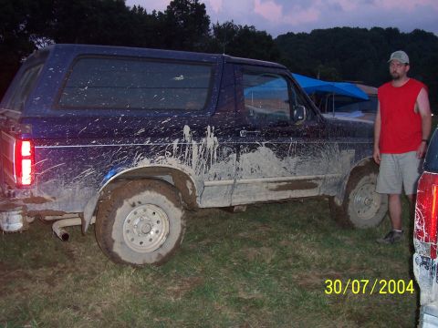 1979 Ford F-150 - Muddy blue SUV with a man standing beside it, parked outdoors at dusk.