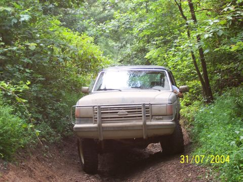 1979 Ford F-150 - Truck navigates a wooded trail on a summer day.