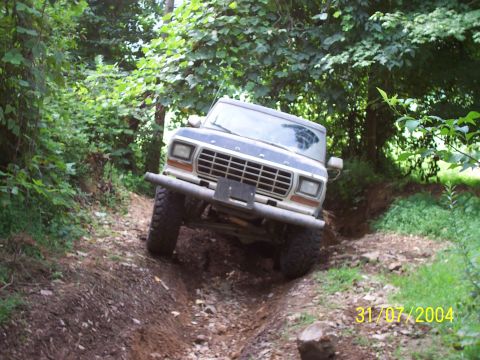 1979 Ford F-150 - Ford F-150 navigates a challenging off-road trail surrounded by dense foliage.