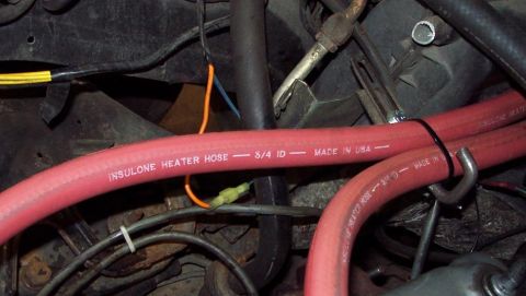 1985 Ford Crown Victoria LTD - Red heater hoses are visible in the engine bay, with text indicating they are 3/4 inch ID and made in the USA.