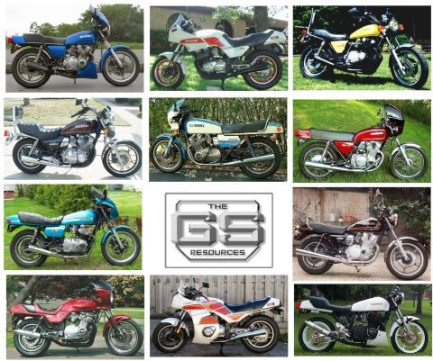 1985 Ford LTD Crown Victoria - A collection of motorcycles is displayed in a grid layout, with a central logo reading 'THE GS RESOURCES'.
