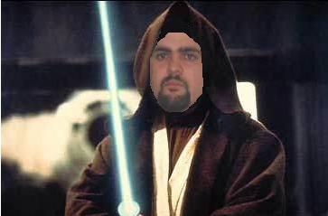 1995 Ford Bronco - A man dressed as a Jedi holds a glowing blue lightsaber, ready for battle.