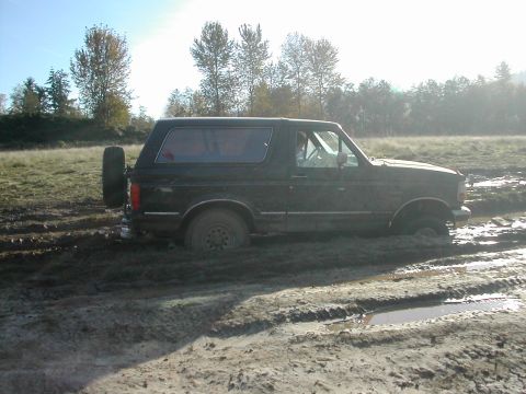 1992 Ford Bronco - This Ford Bronco is deeply stuck in a muddy field, with trees in the background.