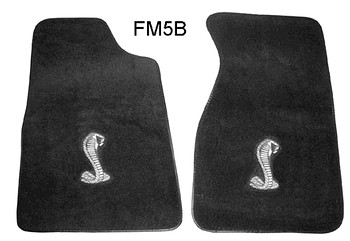 1978 Ford Mustang II - A pair of black floor mats embroidered cobra emblems and the text FM5B are shown. A "SUPERMOTORS" watermark is present.