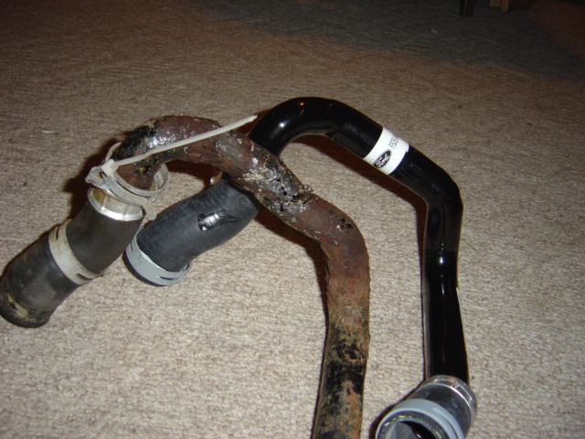 two car radiator hoses, one rusty and one black with a Ford logo sticker