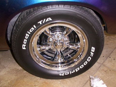 1978 Ford Mustang II - Close-up of a BFGoodrich Radial T/A tire mounted on a chrome wheel.