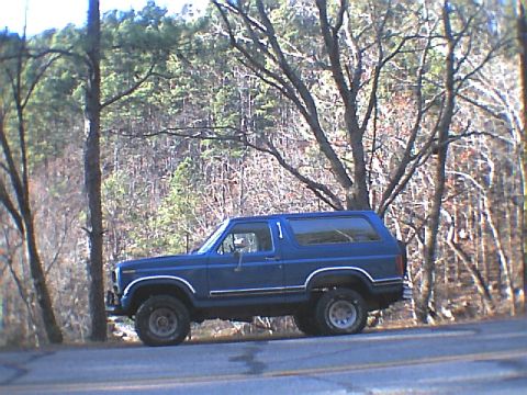 1984 Ford Bronco - A blue 1984 Ford Bronco is seen parked on the side of a road with trees in the background.