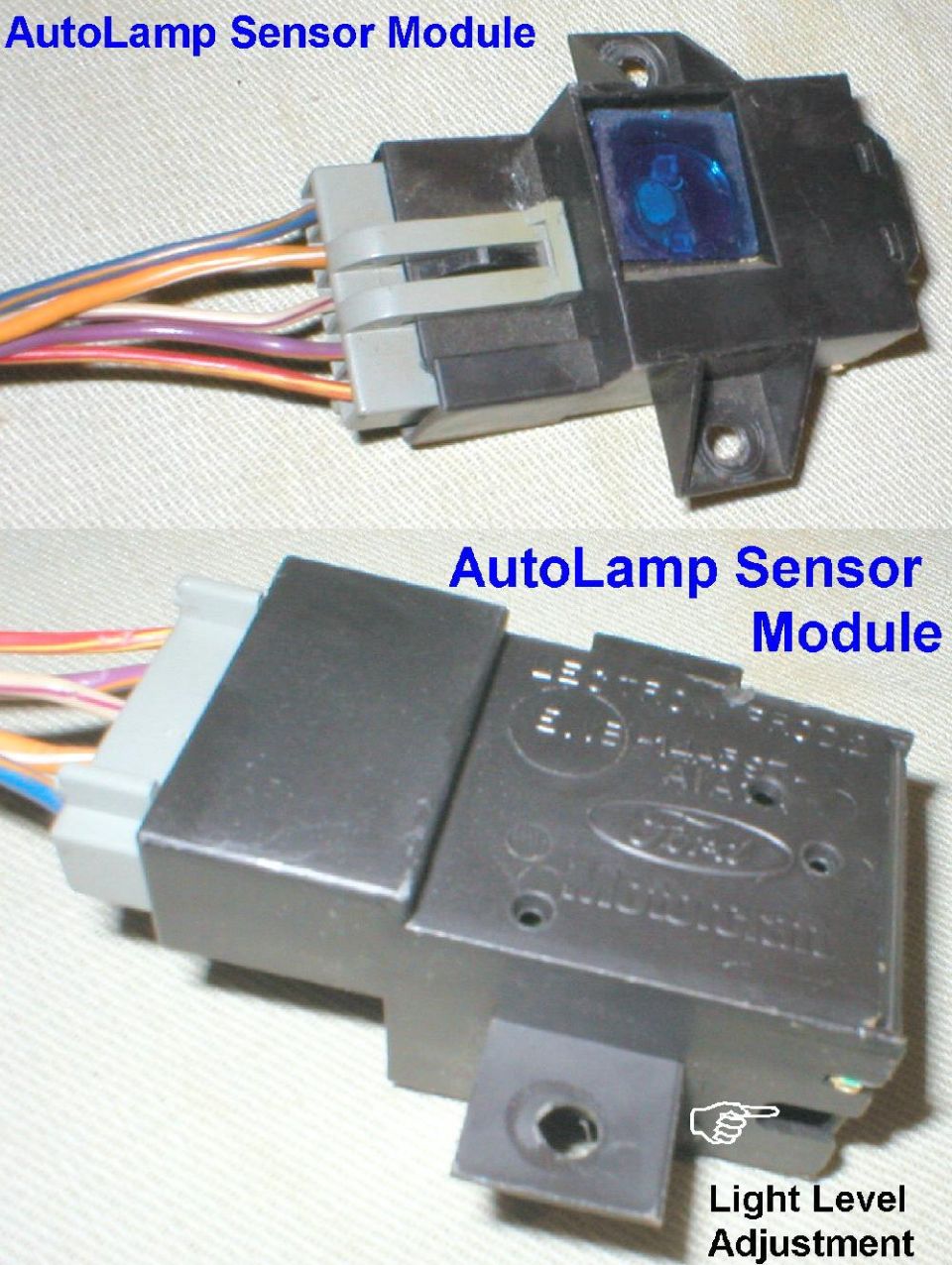 AutoLamp sunlight sensor & timer module, used at least from the 70s into the early 90s in many Ford/L/M luxury cars.  The 5 terminals are for: 
switched power (ignition) R/Y 
switched ground (system on/off) Pu/Or 
relay output (headlights on) Wh/Pu 
battery power (delay function) Or/Wh 
delay input (time adjustment) DB/Or