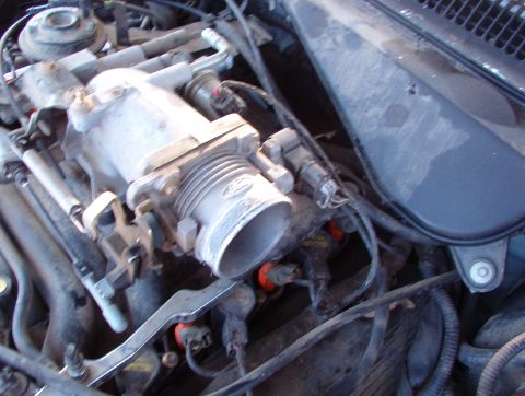 1994 Ford Crown Victoria - Engine bay detail showing a throttle body and associated wiring and plumbing.