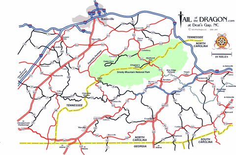 1985 Ford LTD Crown Victoria - Tail of the Dragon at Deals Gap road map of the Tennessee/North Carolina border region; not a technical document.