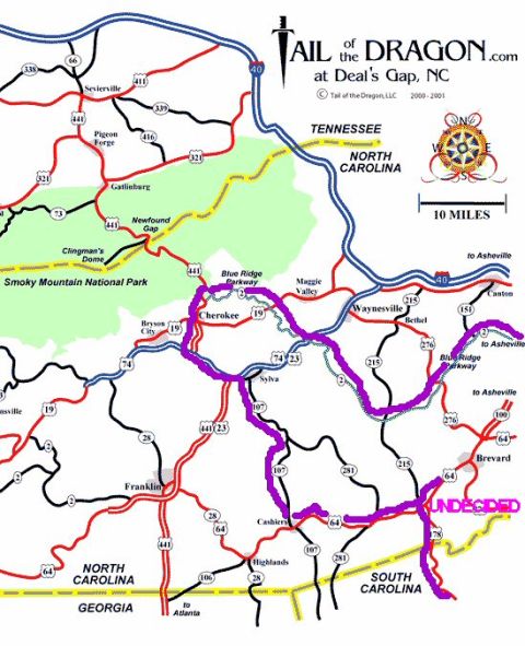 1985 Ford LTD Crown Victoria - Road map showing the Tail of the Dragon route at Deals Gap, North Carolina, not a vehicle technical document.