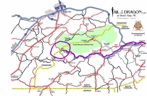 1985 Ford LTD Crown Victoria - Regional road map of the Tail of the Dragon area near Knoxville, not a vehicle technical document.