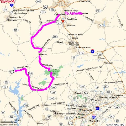 1985 Ford LTD Crown Victoria - Yahoo road map with a highlighted driving route toward Asheville; not a technical document.