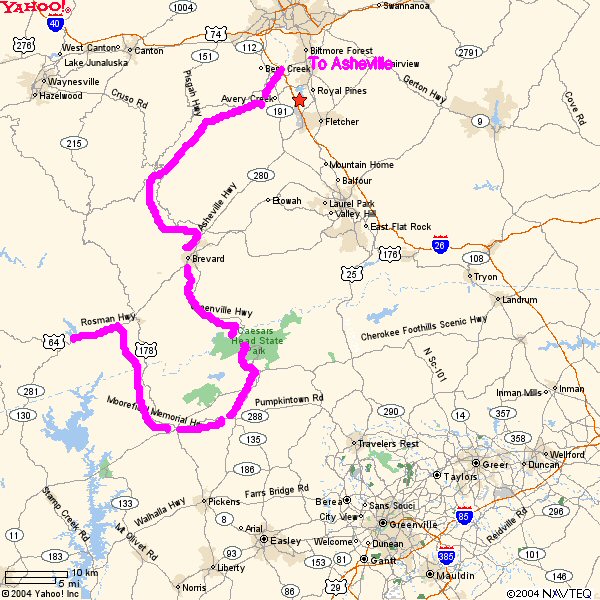 Yahoo road map showing a highlighted route to Asheville, North Carolina
